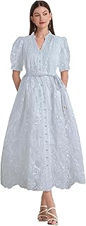 Women's Elegant Tulle Embroidery V-Neck Lace Puff Sleeve Button Belt Midi Dress - Buy now