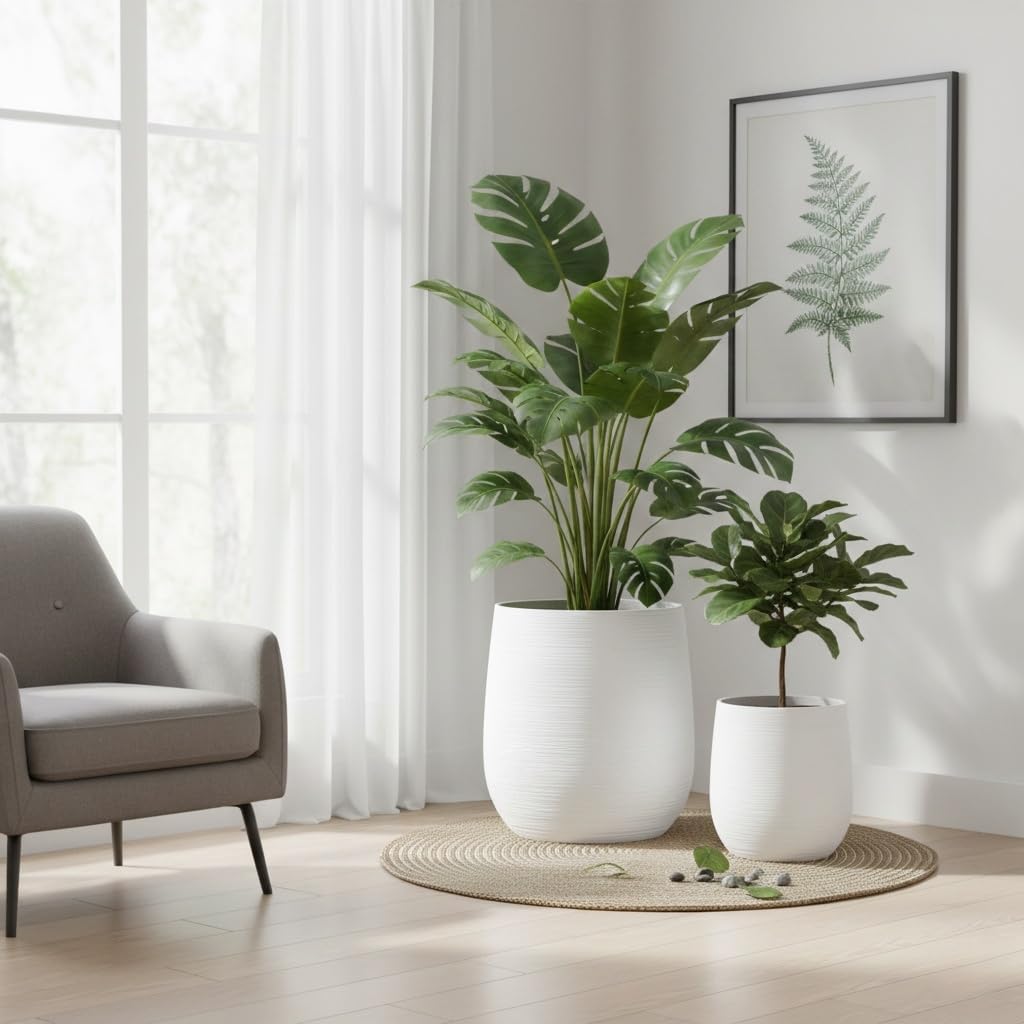 Olly & Rose Extra Large Plant Pot Patterned - White Garden Planter - XL Flower Pot - H 50cm D45cm + H40cm D38cm