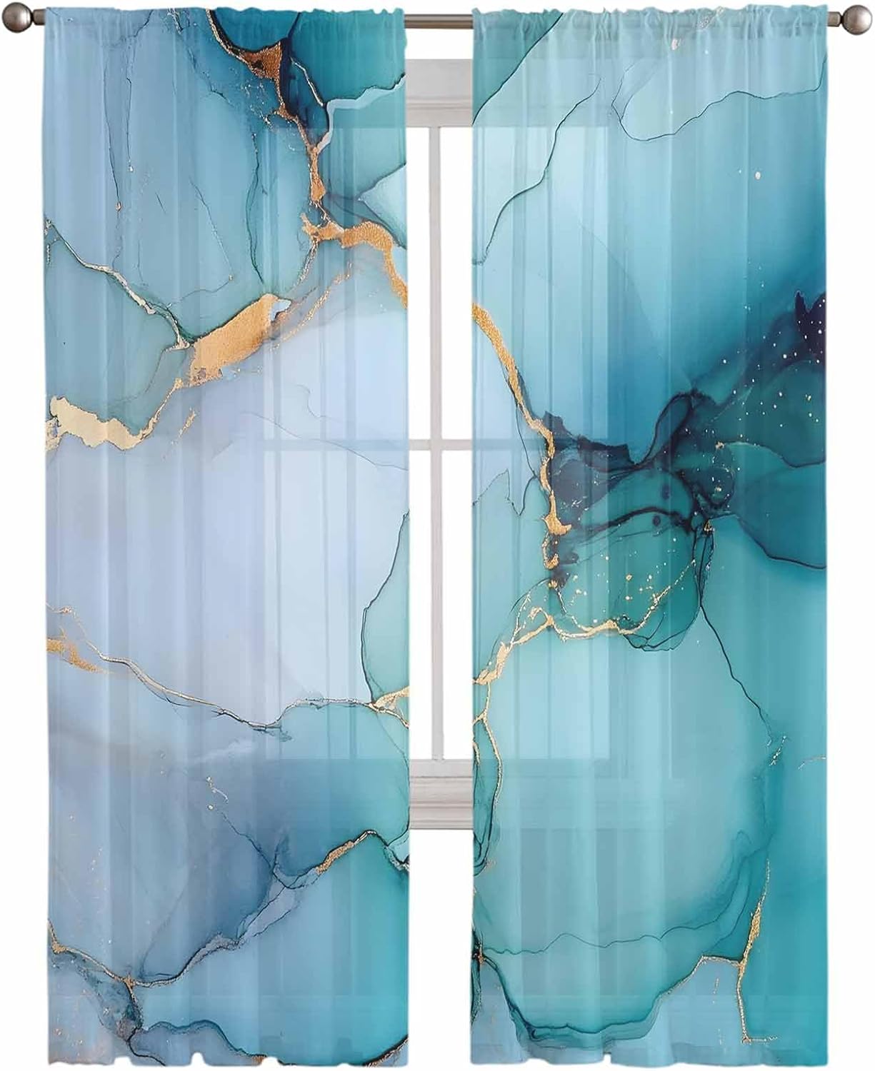 Teal Blue Marble Sheer Curtains 84 Inches Long, Abstract Art Light Filtering Window Curtains for Living Room/Bedroom, Modern Marble Crack Rod Pocket Voile Sheer Drapes, 52"W x 84"L, 2 Panels