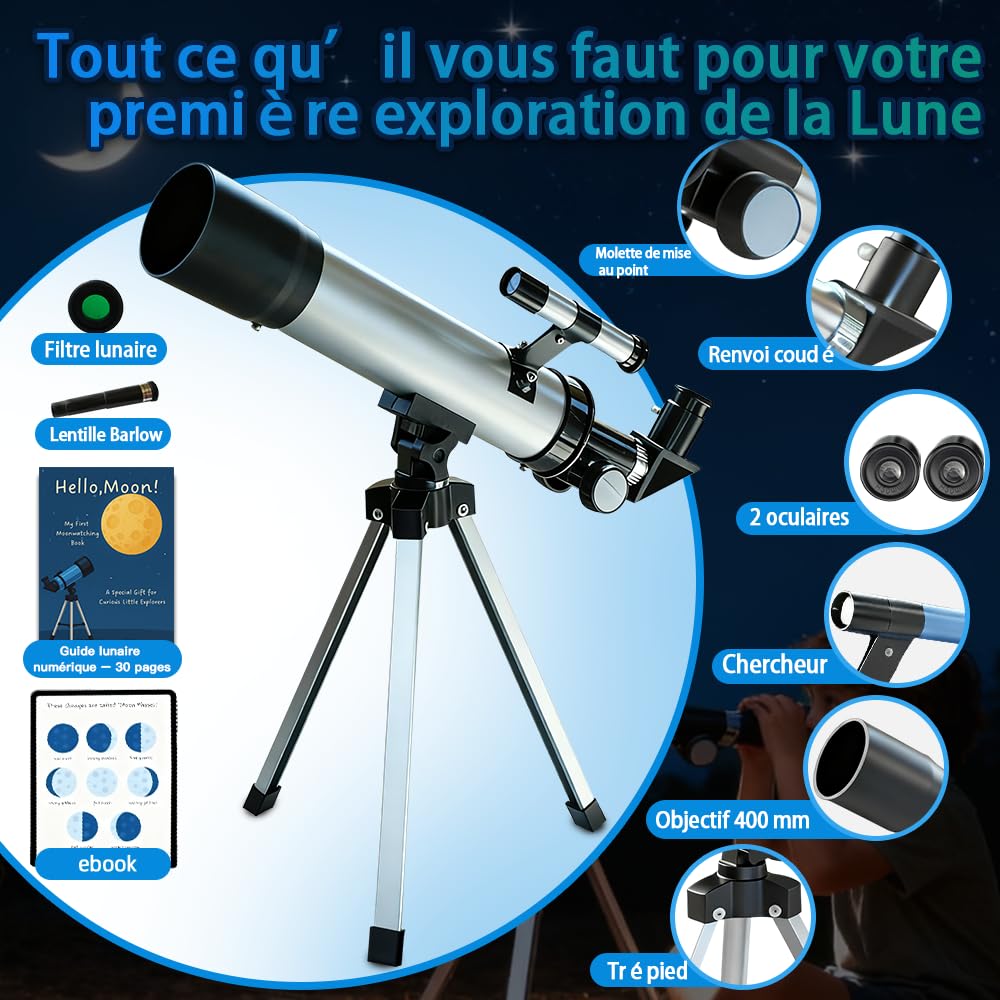 Télescope pour Enfants 50mm 100x Magnification Débutant Argent Telescopio avec Trépied, 2 Oculaires, Lunette de Visée, Ensemble Éducatif STEM pour l'Astronomie - Cadeau de Noël pour Garçons & Filles