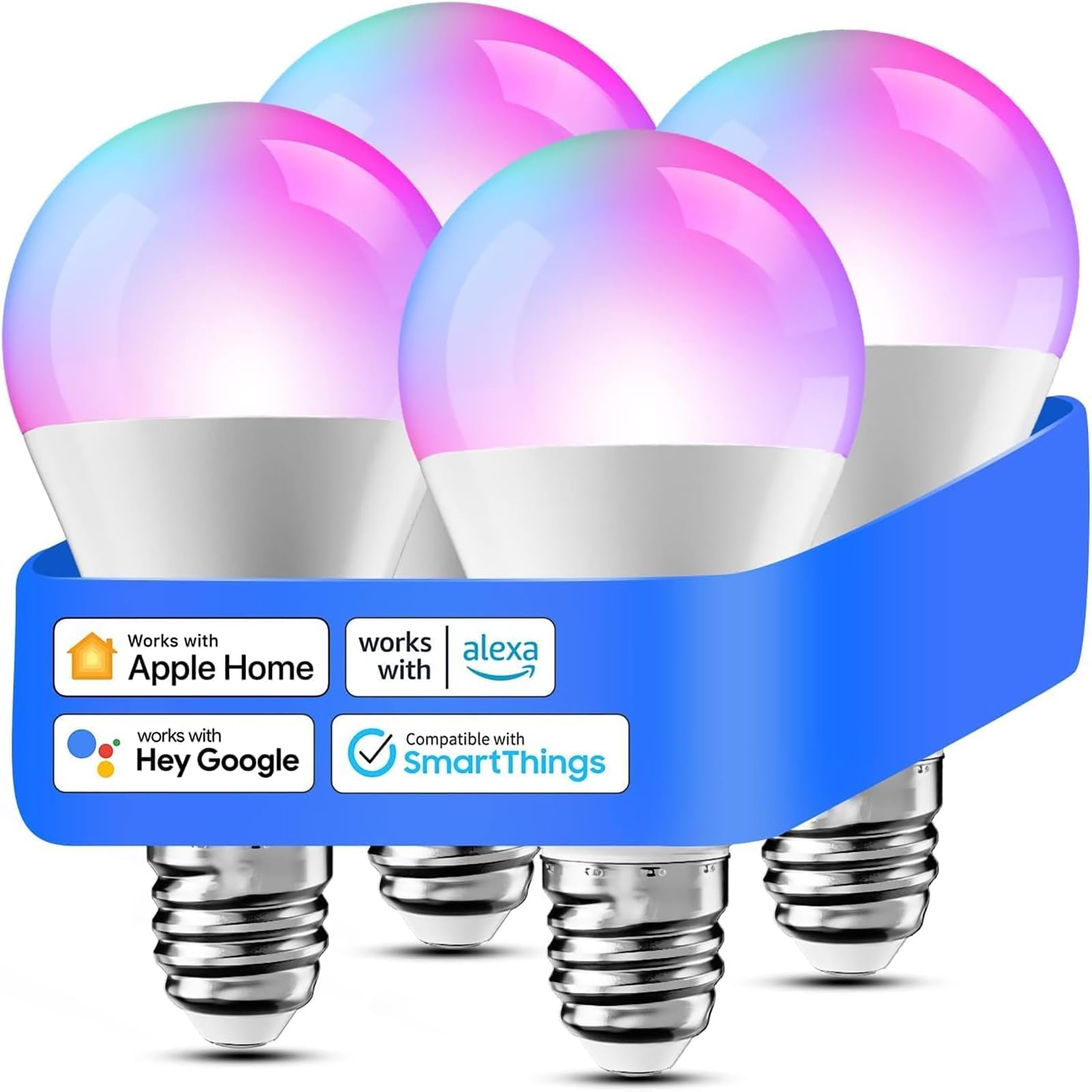 Smart Light Bulb, meross Smart WiFi LED Bulbs Compatible with Apple HomeKit, Siri, Alexa, Google Assistant and SmartThings, Dimmable E26 Multicolor 2700K-6500K RGBCW, 810 Lumens 60W Equivalent, 4 Pack