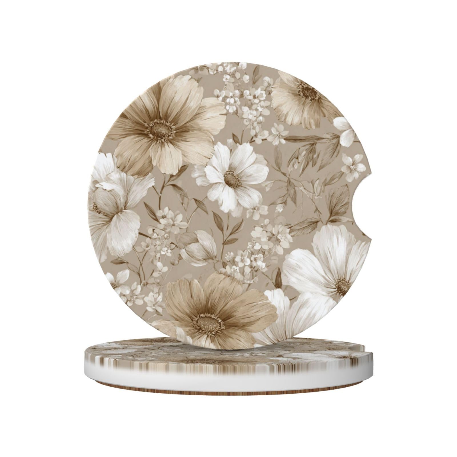 Tan Beige White Flowers Floral Vintage Boho Ceramic Coasters,2pcs