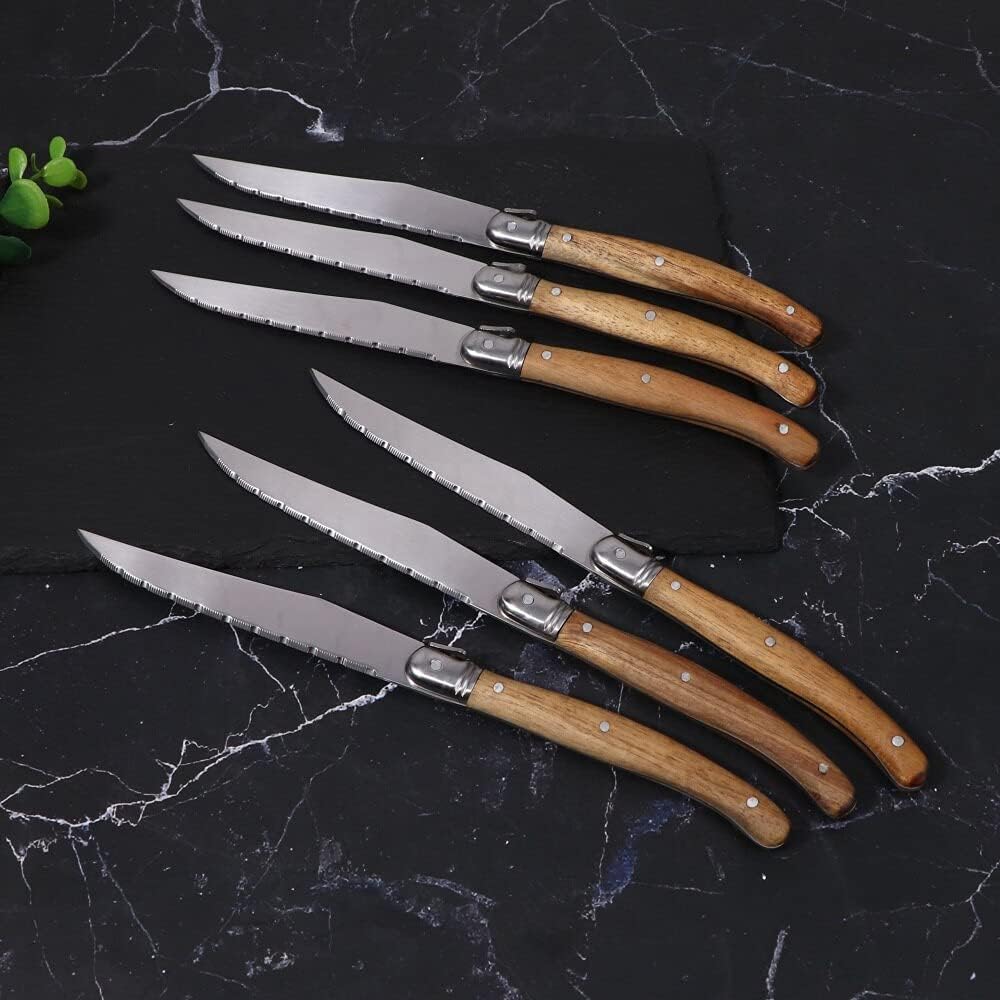 Steak Knife Set, 6-Piece Serrated Steak Knife Set Stainless Steel Cutlery Solid Wood Handle Full Tang Steel Laguiole Diner Knife Sharp BY KKZY