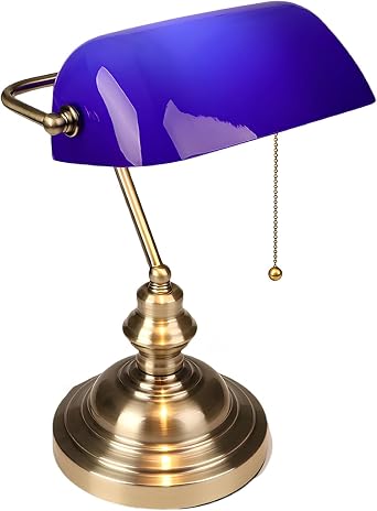 Green Glass Bankers Desk Lamp, Antique Bankers Lamp with Pull Chain and Brass Base, Traditional Library Lamp for Office Study, E26 BaseBlue