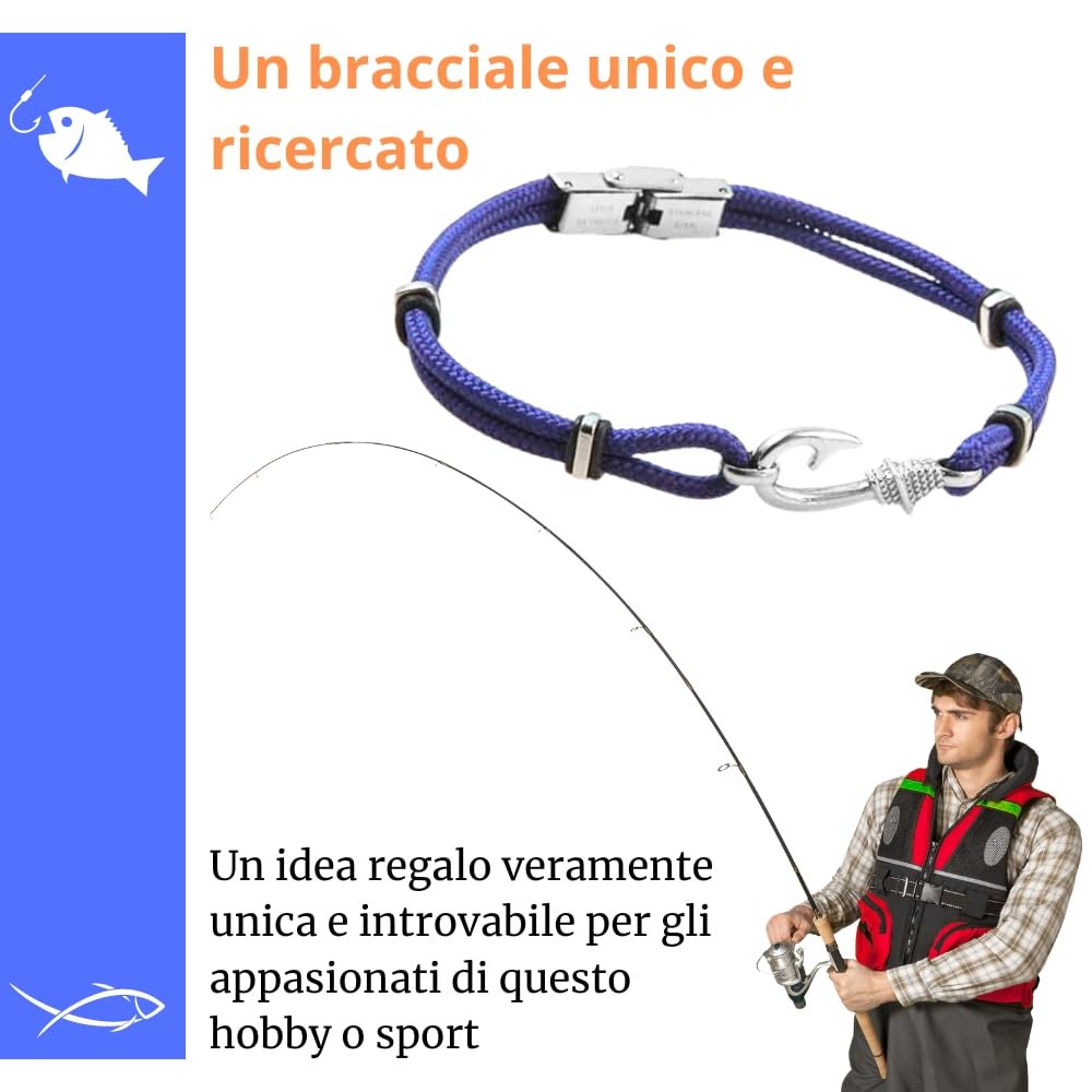 Bracciale Amo da Pesca Pescatore in Acciaio Inox e Corda | Gioiello Nautico Maschile | Braccialetto Sportivo e Resistente | Idea Regalo Uomo Amante del Mare bcc1602b