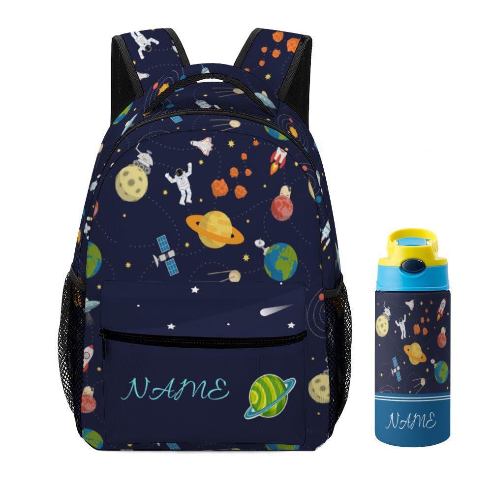 SUQINFA Custom Planet Astronaut Kid's 2 Pcs Backpack Personalized Add Text Backpack Water Bottle Customized Name Bookbags for Boys Girls