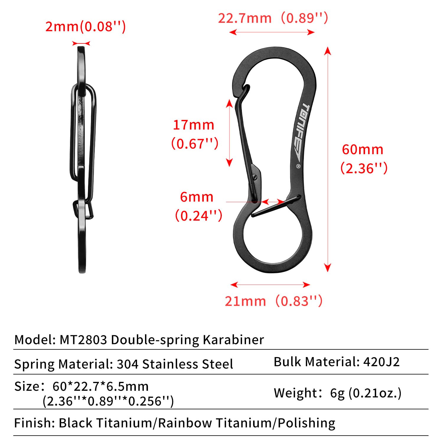 TONIFE Carabiner Clip 2-Pack, Stainless Steel Carabiner Keychain, Spring Snap Hook for Dog Leash and Key Ring (MT2803 Rainbow Titanium*2)