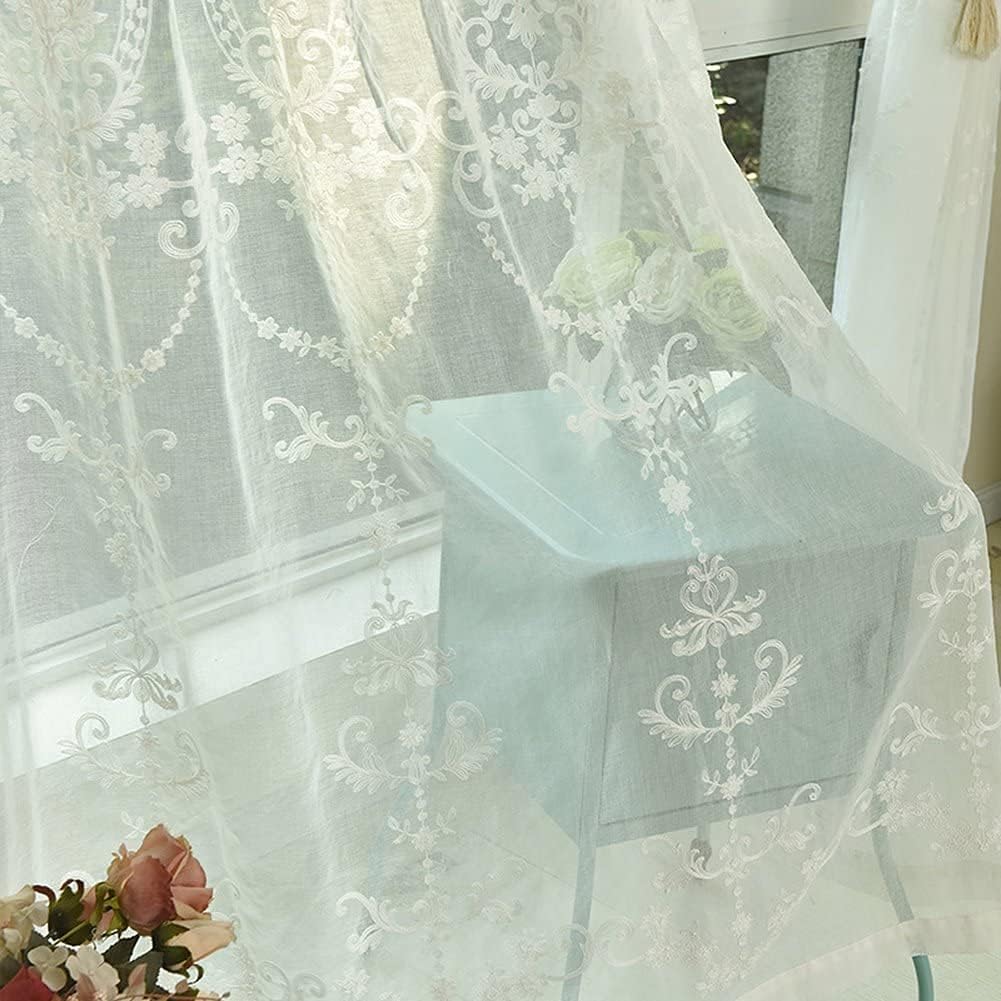 HooHero White 100 Width Sheer Curtains Simple Exquisite Floral Embroidered Window Treatments Rod Pocket Top Style Drapes Panels for Kids Nursery Room Bedroom