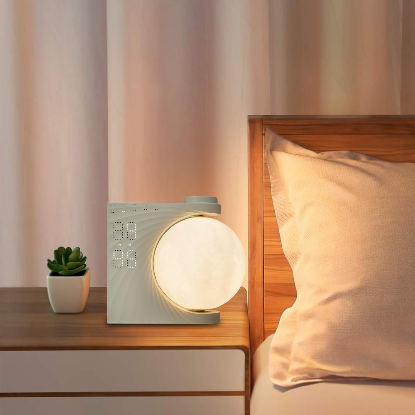 Neoglint Veilleuse lune RVB à changement de couleur, double réveil avec répétition, lumière de réveil, machine à bruit blanc pour le sommeil, lampe de chevet à intensité variable, réglage de la