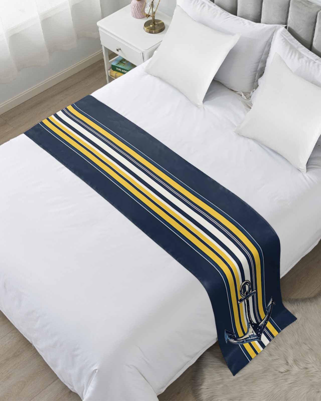 Twin Bed Runner Nautical Vintage Medieval Anchor Bedding Runner Scarves Decorative Bed Scarf, Navy Blue Yellow Stripes Soft Bedding Scarf for Bedroom Hotel Wedding 83x20in