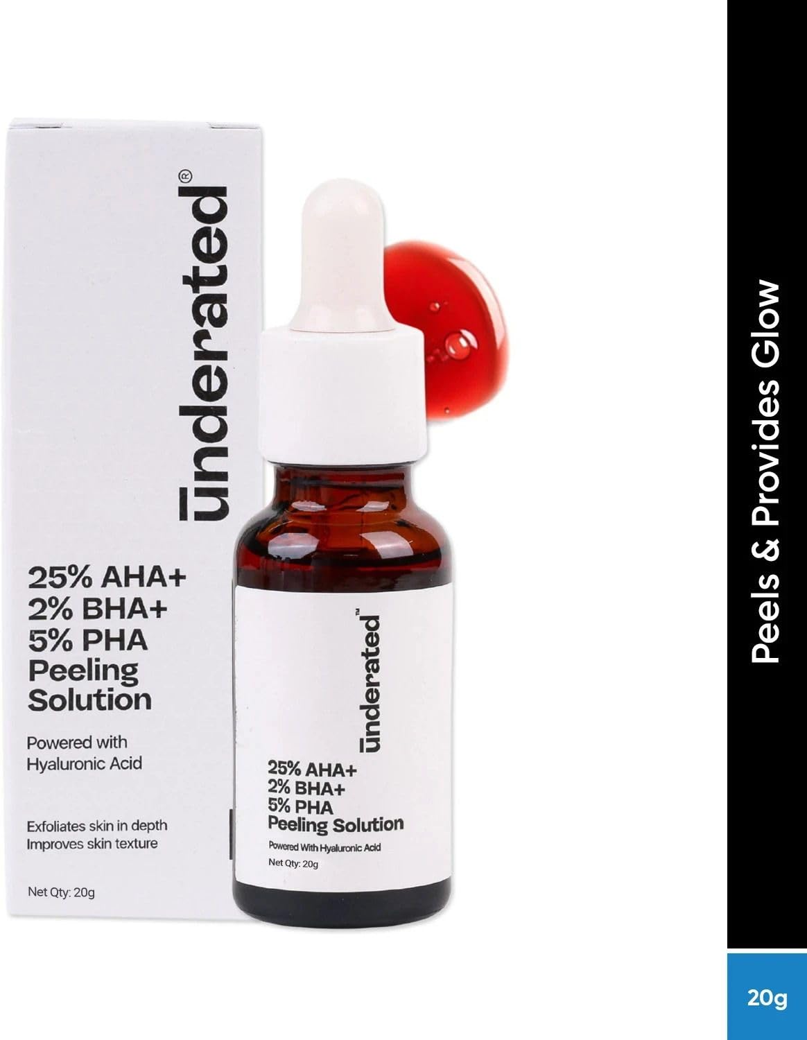 Underated 25% AHA + 2% BHA + 5% PHA Peeling Solution Powered With Hyaluronic Acid Helps to Deeply Exfoliate and Gives Glow to Skin, Reduces Fine Line and Wrinkles, Reduces Pigmentation and Evens the