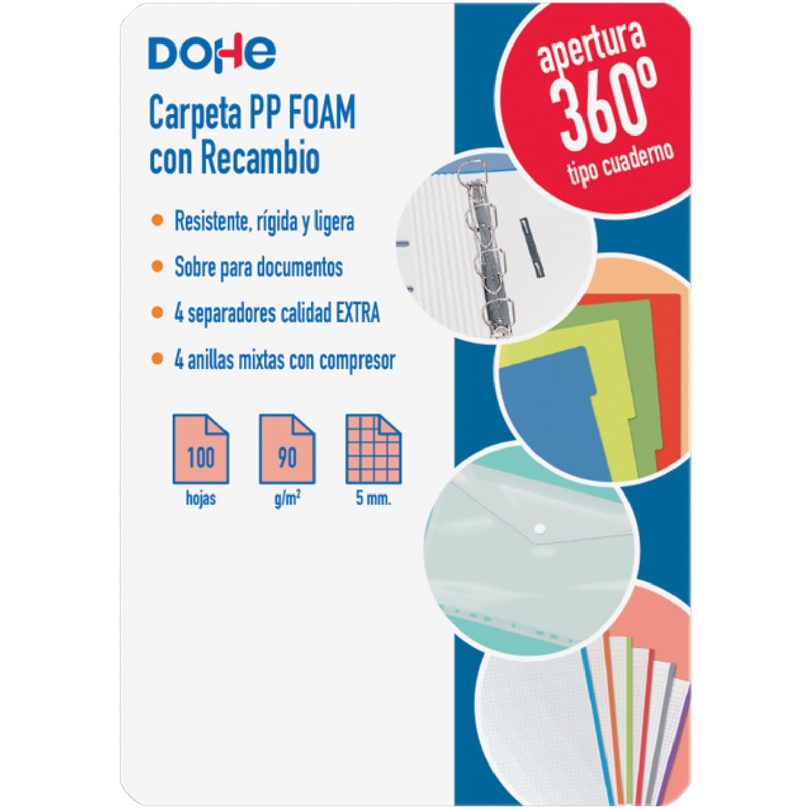Dohe - Binder with Refill - 4-Ring Polyfoam Folder, A4 (28x32 cm), 100 Squared Sheets, Soft and Durable, Coloured Dividers, Extra Storage Pocket and Elastic Band - Colour Vibes Blue - Image 2