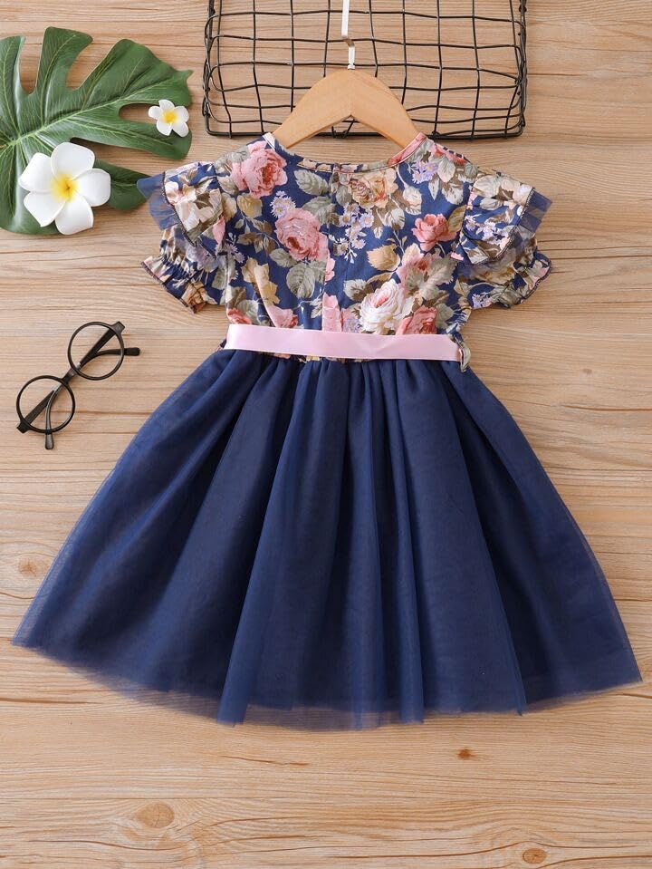 Image of TAGAS Floral Print Mesh Insert Ruffle Trim Belted Dress||Frock for Girls||Sleeve Less Dress for ||Fency Dress||(KD-144)