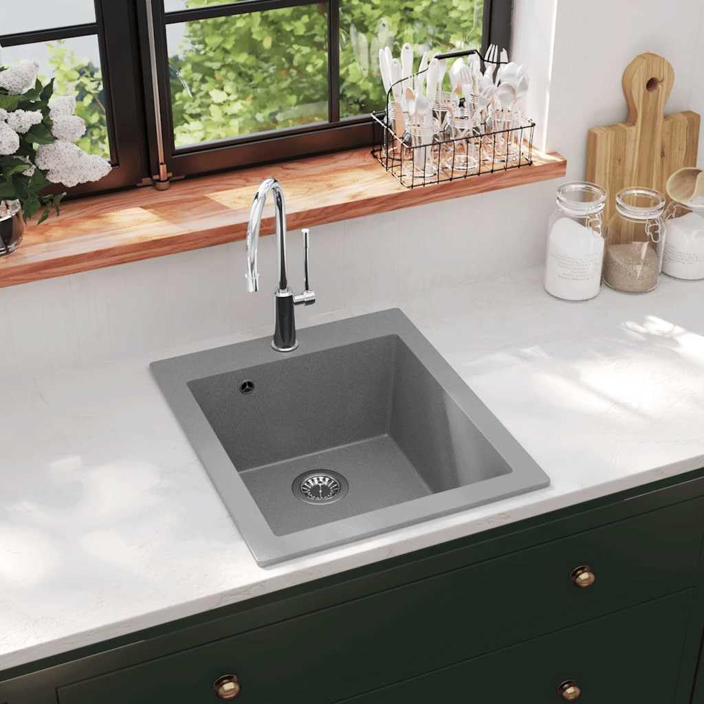 Fregadero De Cocina De Granito con Cubeta Extra Profunda, 80% Cuarzo y 20% Resina, Diseño Resistente y Compacto, kitchen sink, Fregadero Bajo Encimera, Apto Para Cocinas y Lavaderos, Gris, 425x500 mm