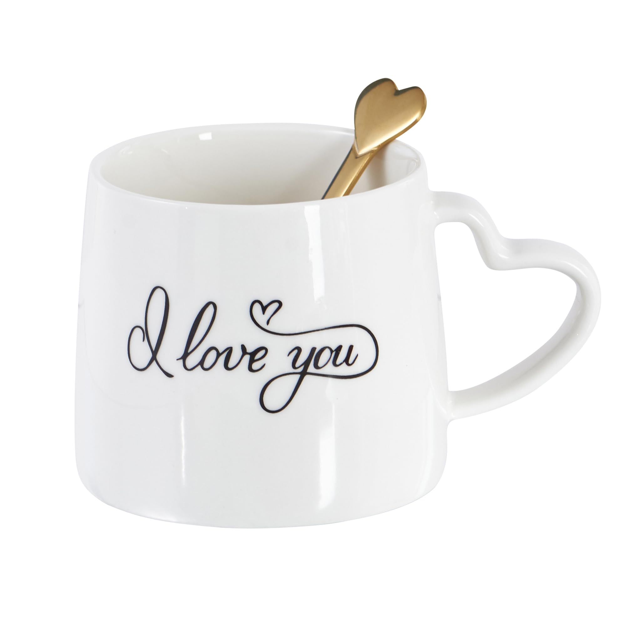 13 Ounce I Love You Coffee Mug Gift Heart Handle White Mug with Heart Gold Spoon Gifts for Mom Dad Birthday Mothers Fathers Valentine's Day Friend BFF Wife Daughter Son Women Tea Cup, Dishwasher Safe