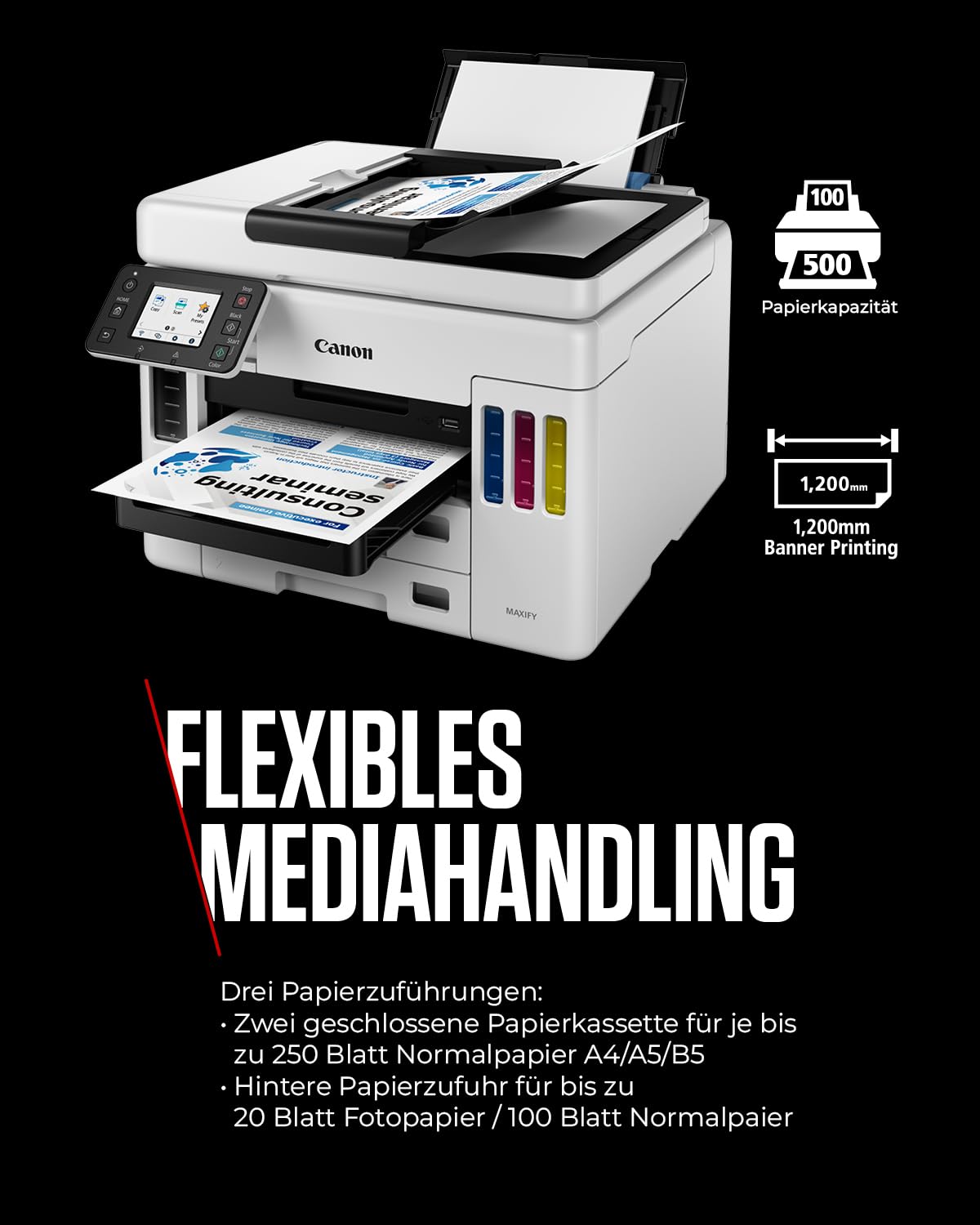 Canon MAXIFY GX7050 MegaTank Multifunktionsdrucker 4in1 (Tintenstrahl, Drucken, Kopieren, Scannen, Faxen, A4, WLAN, LAN, 6,7 cm LCD Touch, Duplex-Druck und -Scan, niedrige Druckkosten, 600 Blatt) weiß