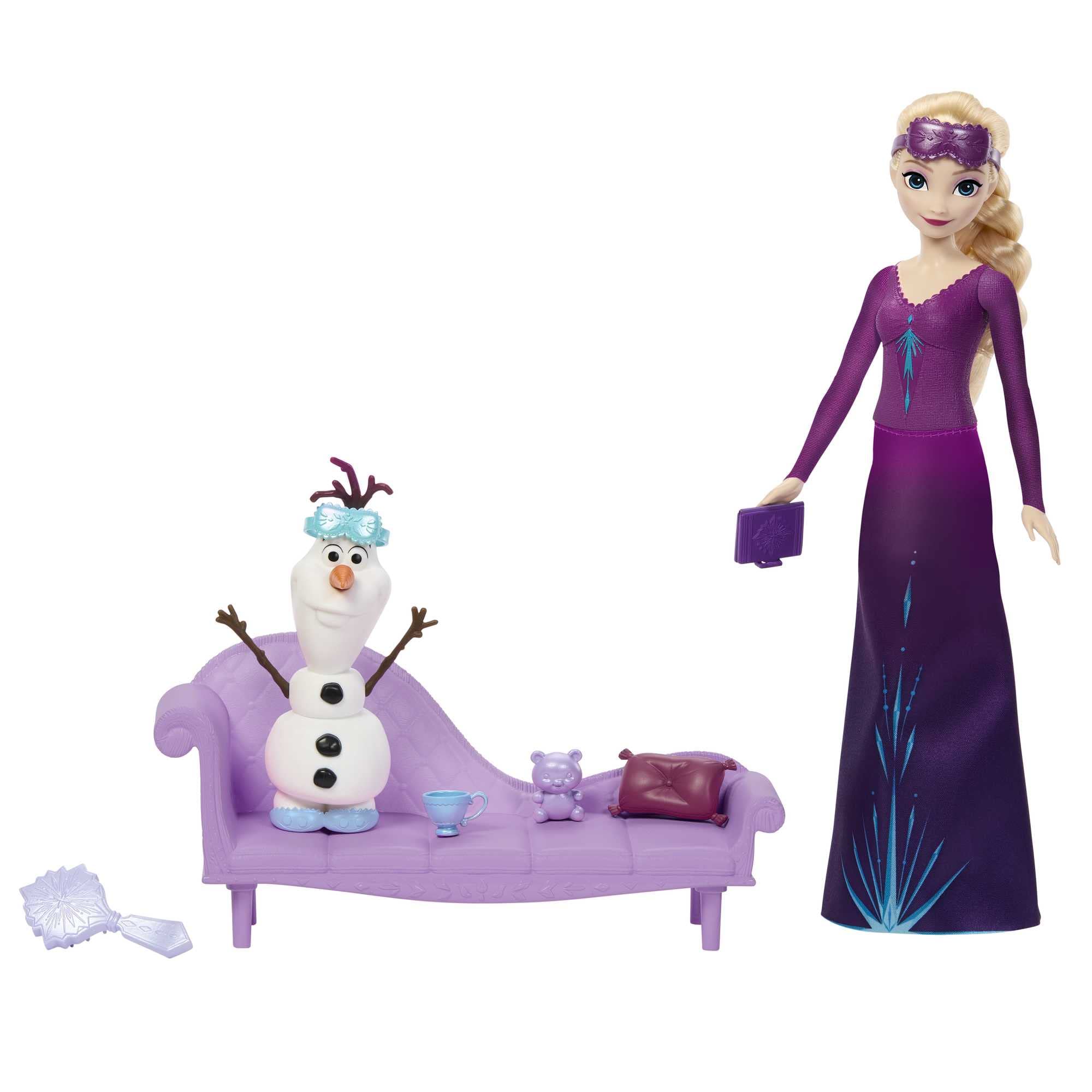 Mattel Disney Frozen - Elsa e Olaf Sogni di Neve, playset ispirato al film con Elsa e Olaf, poltrona e 7 accessori a tema notte inclusi, giocattoli per bambini, 3+ anni, HLX27