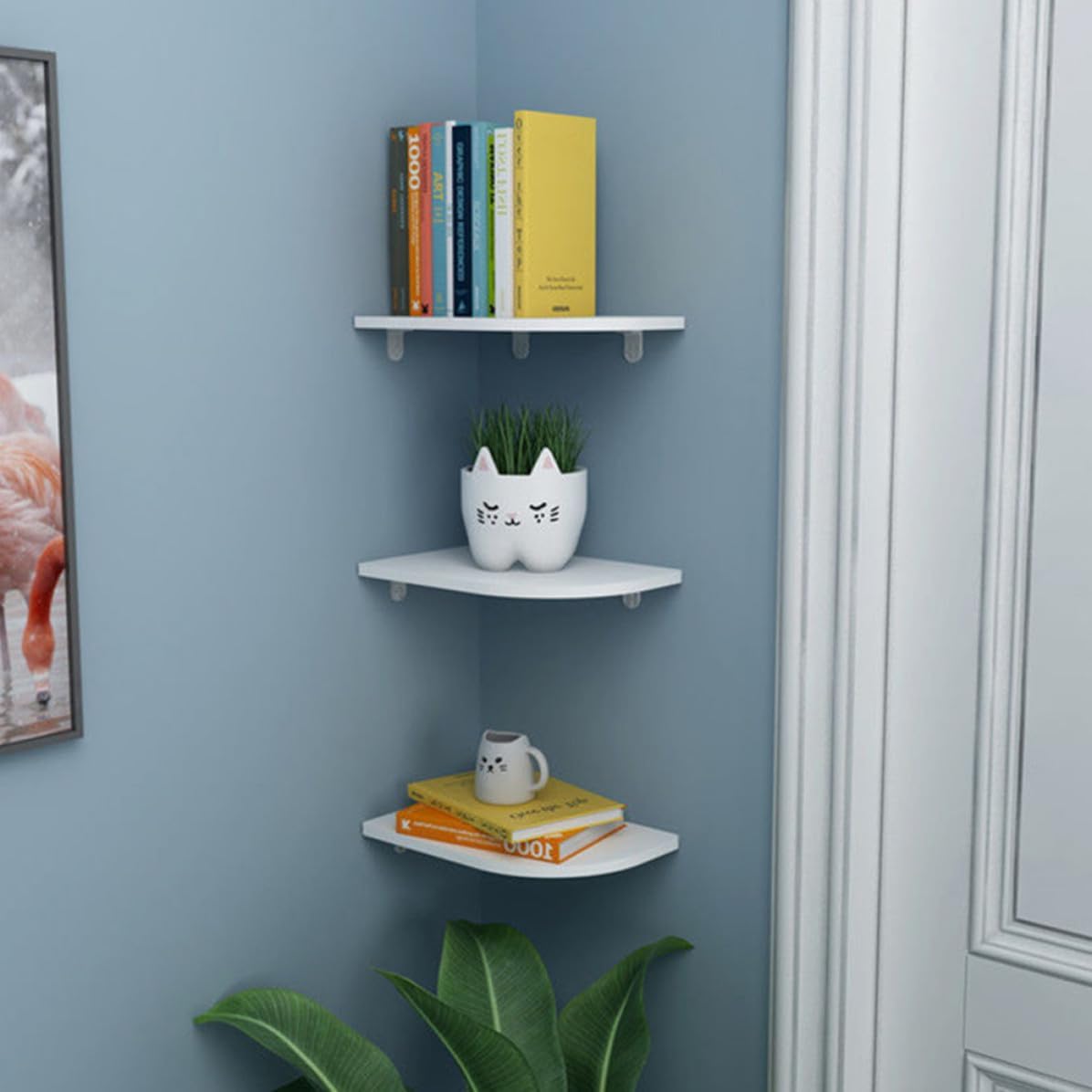 GLEAVI 3pcs White Floating Corner Shelves Wall Display Organizer Storage Shelf Made of Sturdy PVC for Easy Installation and Wall Decor in Offices and Home Storage