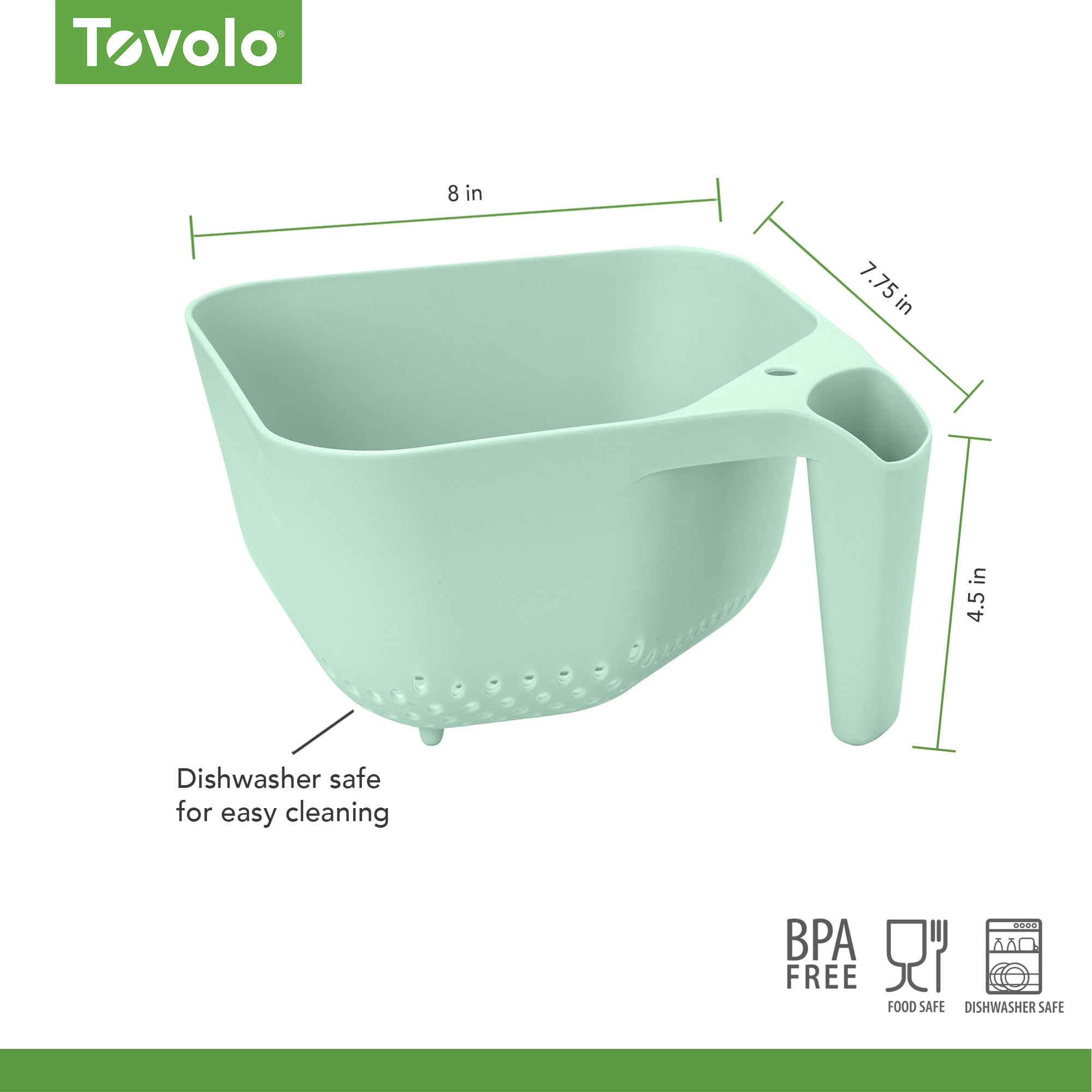 Tovolo 61-33672 Scolapasta per verdure da 3 litri, per frutta e verdura, colino quadrato per pasta con manico facile da impugnare, lavabile in lavastoviglie e senza BPA, plastica, menta