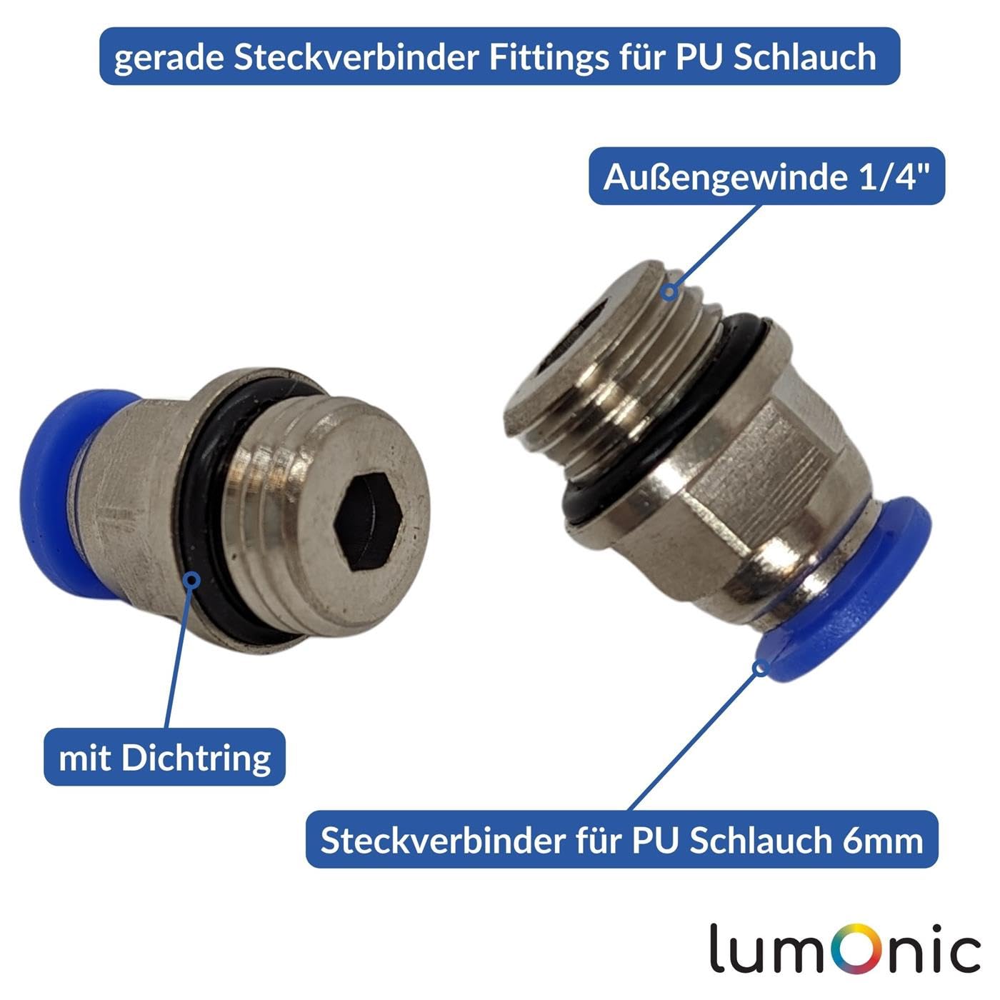 Lumonic 20x I Racor de conexión de manguera de PU con rosca exterior I 6mm*1/4inch I recto I Cierre rápido I Conector neumático I Conector de manguera I Aire comprimido