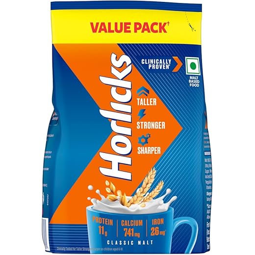 Horlicks Nutrition Drink Pouch - 750/800 g - Classic Malt - Clinically Proven to make kids Taller, Stronger, Sharper