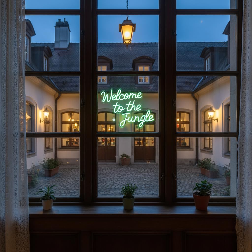 Letrero de neón con texto en inglés "Welcome to the Jungle" para decoración de la selva, luces LED verdes regulables para fiesta de selva, aula, guardería, entrada del hogar, habitación