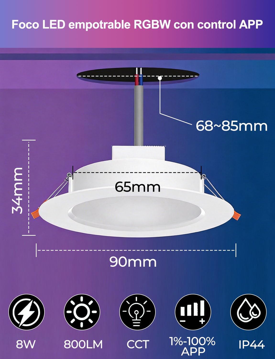 HEKEE Foco Empotrable LED Para Techo RGB, Ф68-85mm Colores Foco Empotrable LED, Cambio De Color CCT+ RGBW Aplicación Controlada Downlight (6 Unidades)