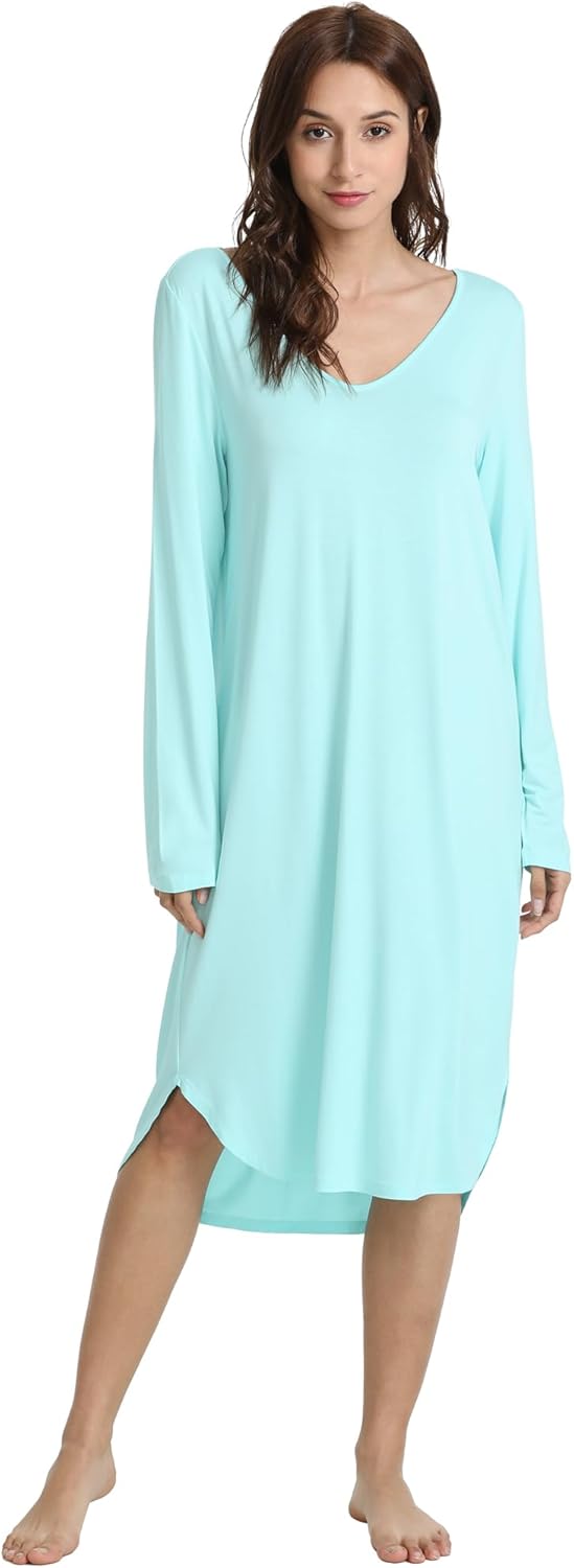 NACHILA Nightgowns for Women-Viscose Made from Bamboo,Long Sleeve Sleep Shirt Soft Nightshirts V Neck Sleepdress
