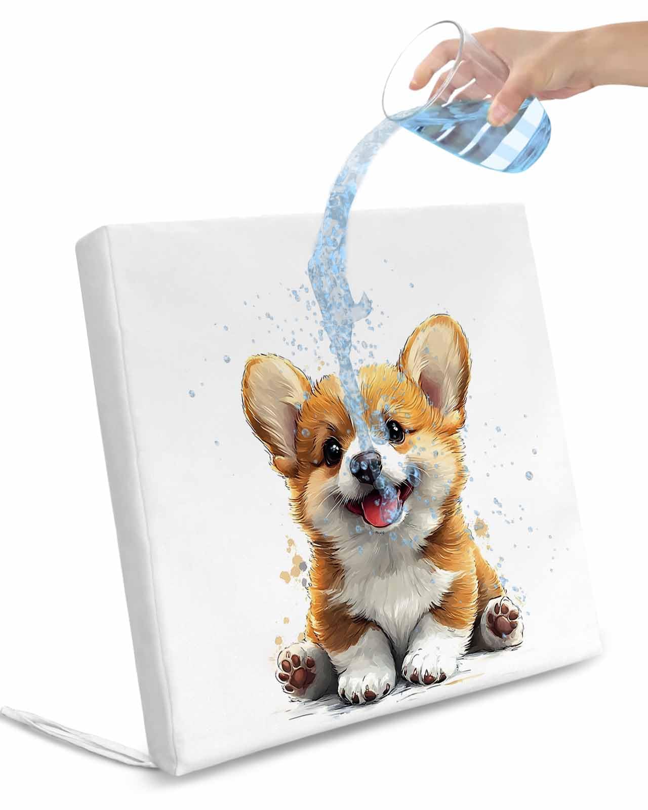 2 Pack Cartoon Cute Puppy Waterproof Cushion Covers with Ties, Outdoor Patio Chaise Lounge Chair Seat Cushion Slip Covers Replacement(Only Cover) Sitting Pet Dog Watercolor 24