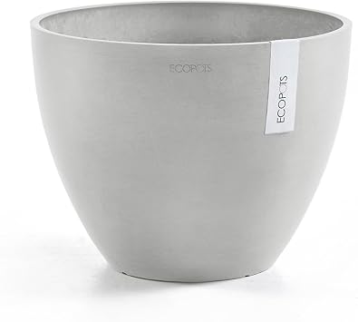 Ecopots Antwerp Durable Modern Round Indoor/Outdoor Recycled-Based Composite Flower Pot Planter, White Grey, 12"