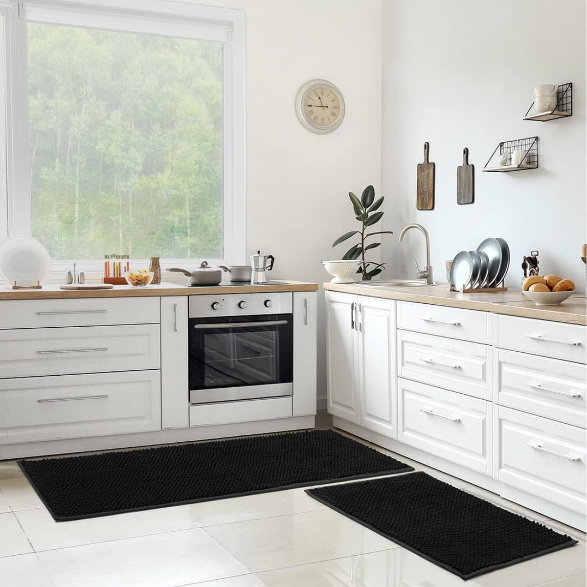 Pretigo Kitchen Rug Black Rugs for Kitchen Floor, Soft & Absorbent by Chenille Material, Washable Kitchen Rug Set Non Slip Kitchen Rugs and Mats 2 Pieces (20"X30"+20"X60")