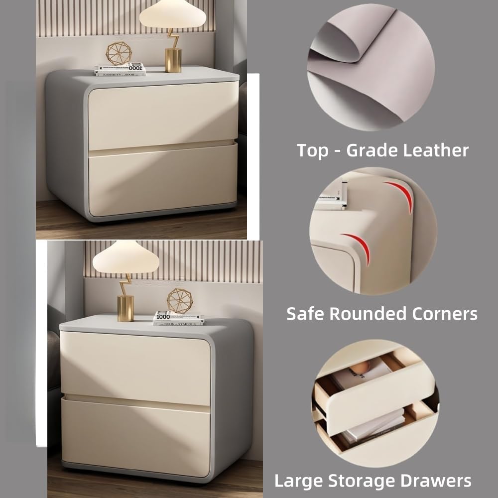 Bedside Table Set of 2 with Drawers, Simple Leather Bedside Table, Left and Right Combination Bedside Tables Suitable for Bedrooms(Gray+White,Large)