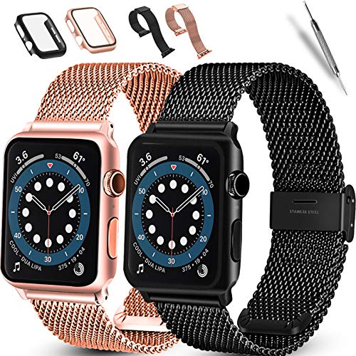 2 Pack Bands Compatible with Apple Watch Band 38mm 40mm 42mm 44mm with Case Women Men,Stainless Steel Mesh Sport Replacement Wristband Strap with Protective Case for iWatch Series 6/5/4/3/2/1/SE