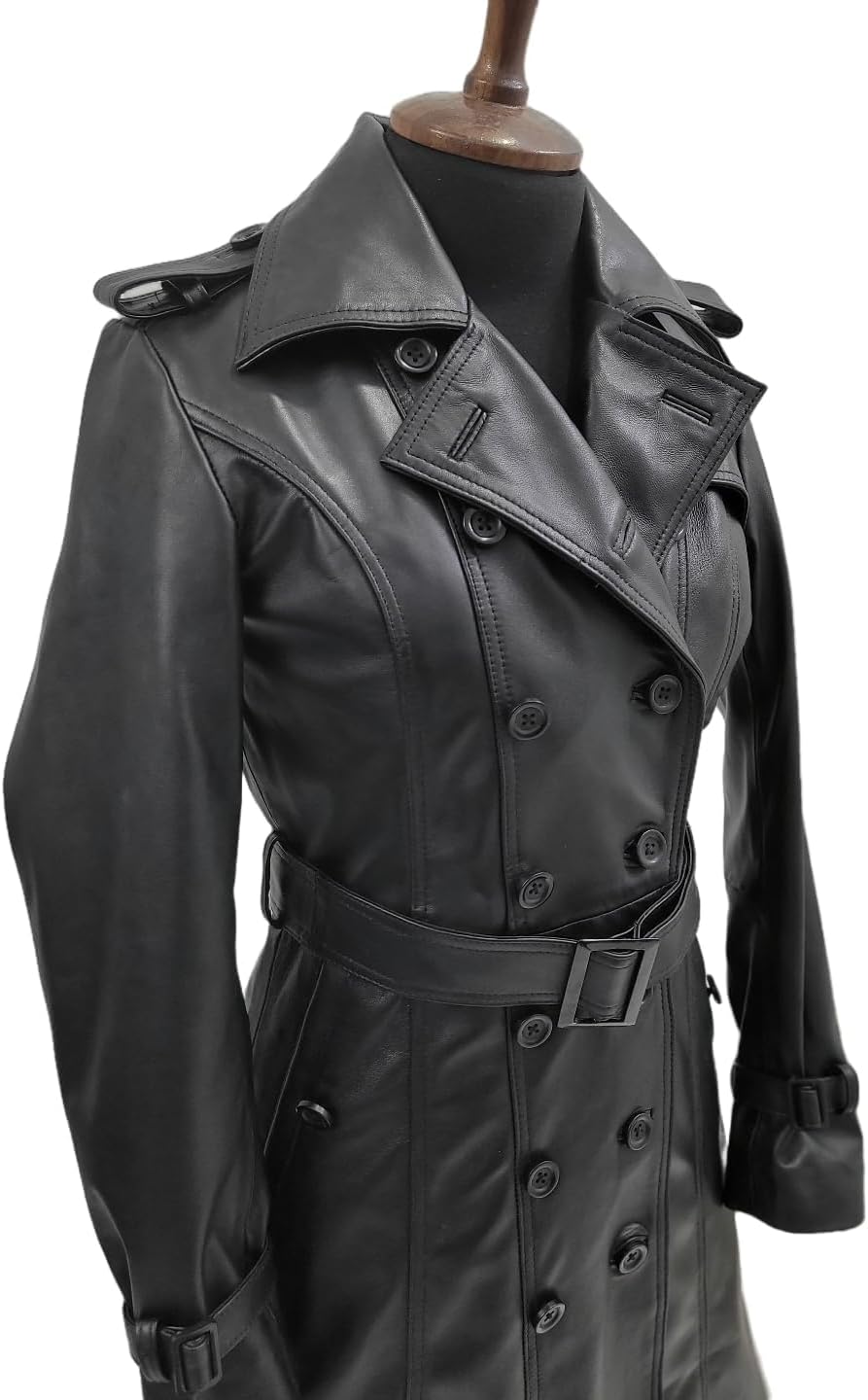 Women Designer Black Trench Leather Long Coat with Belt Trench Coat Slim Fit Style for Ladies - Image 6
