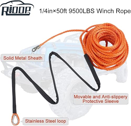 Miniatura 2 de Cuerda de cabrestante sintética, línea de cable de cabrestante de 14 pulgadas x 50 pies 9,500 libras con funda protectora para ATV UTV (naranja)
