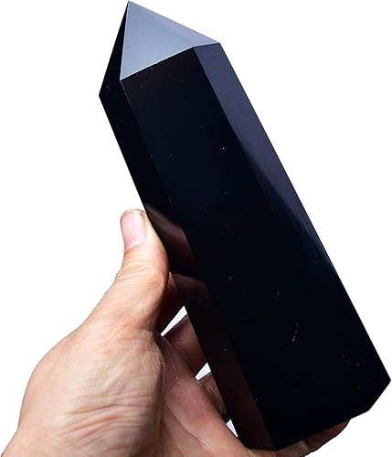 Black Obsidian Towers - Varita grande de piedra de cristal curativa con 6 facetas para regalo de meditación, 1.3-1.7 libras