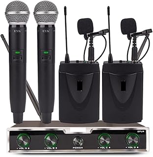 Professional Audio Mixer 4 Channels Portable UHF Wireless Microphone System with 2 Handheld Transmitter & 2 Bodypack Headset Lavalier Lapel Mic DJ Controller