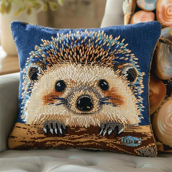 Kitquiver Latch Hook Cushion Kit for Adults, Hedgehog Design, 43X43cm, Pre-Printed Pattern, Edge-locking Technique, Unisex, Non-Foldable