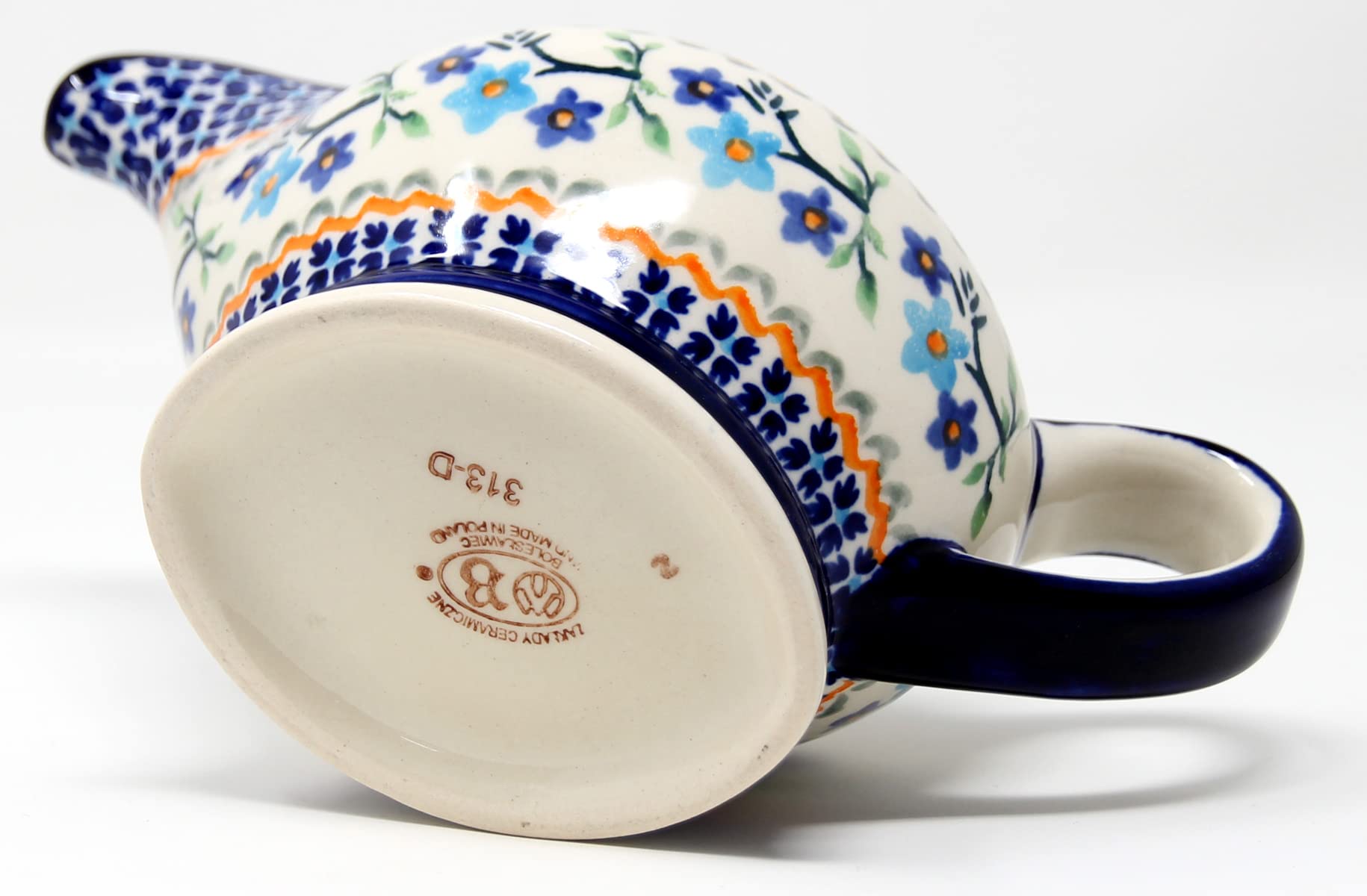 Polish Pottery Gravy Boat 16 Oz. From Zaklady Ceramiczne Boleslawiec in Blue Blossom Pattern, 9 Inch long 4 Inch wide