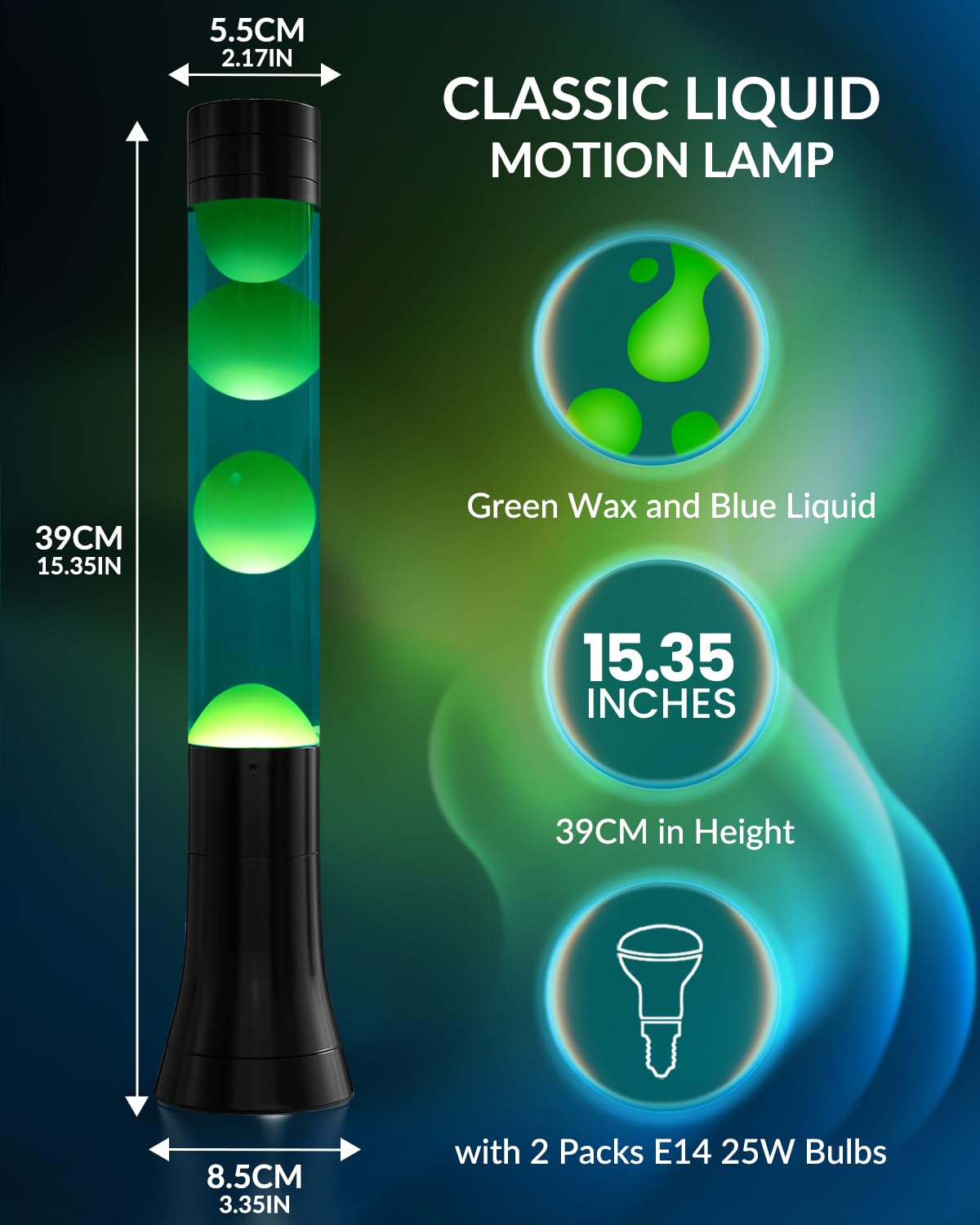 Klarlight Dekoracyjna lampa z efektem lawy na Wielkanoc, zielona wosk, niebieski płyn, kojący ruch lawy, lampa na relaks, świąteczny prezent, 39 cm, z 2 odbłyśnikami R39 25W E14, wtyczka BS, AC 220