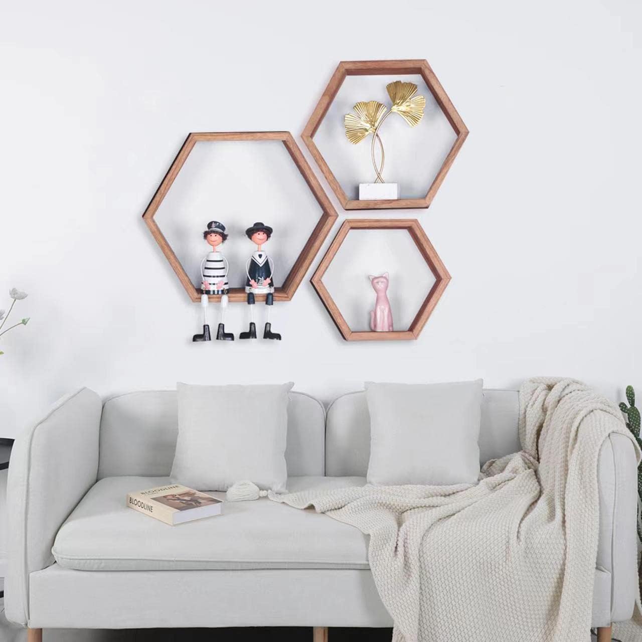 PHOENANCEE Hexagon Floating Shelves,Honeycomb Shelf,Wall Mounted Rustic Wood Octagon Hanging Storage Shelves Set of 3 for Living Room Bedroom Bathroom Office Hexagonal Decor(Carbonized Black)