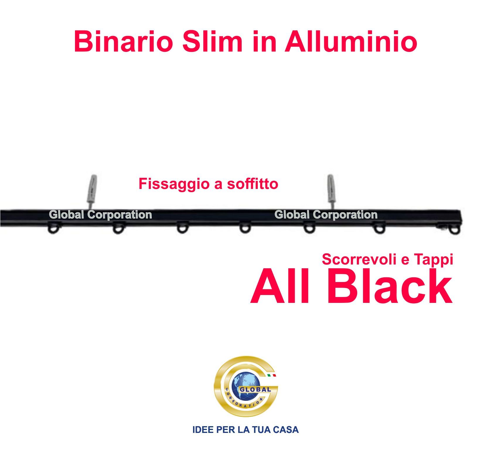 Binario per tende a soffitto in alluminio bianco nero argento con scorrevoli da interno bastone per tendaggi tenda su misura moderni scorrimento movimento manuale strappo zineffa (320 cm, NERO)