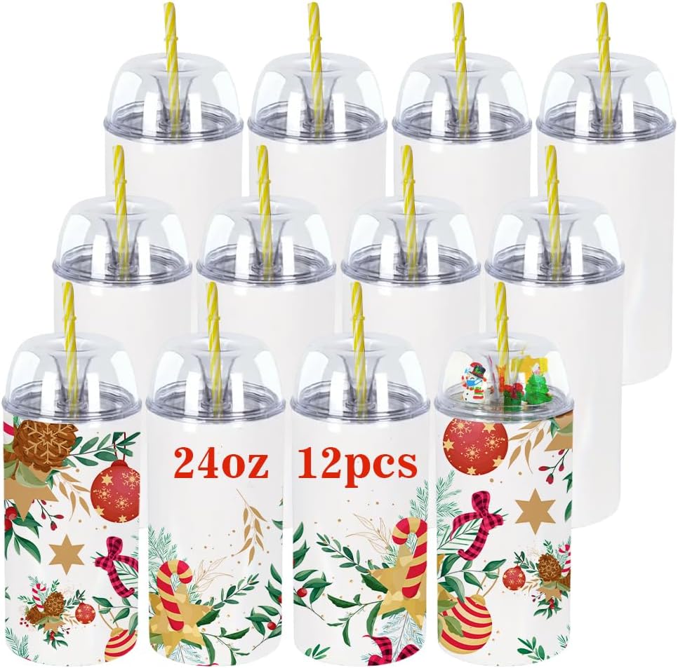 12 Pack 24 oz Sublimation Tumblers with Dome Lid and Straw Double Wail Stainless Steel Vacuum Insulated Blank Tumbler with Curved Cover for Christmas DIY Cups