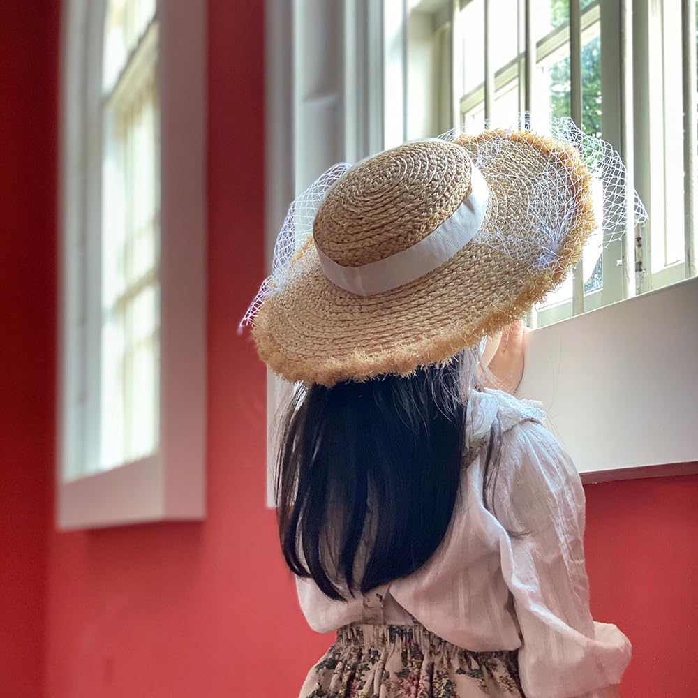 Generisch Cappello estivo per bambini in paglia Raffia - Cappello da sole con fascia in pizzo e tesa larga, protezione UV 4-8 anni