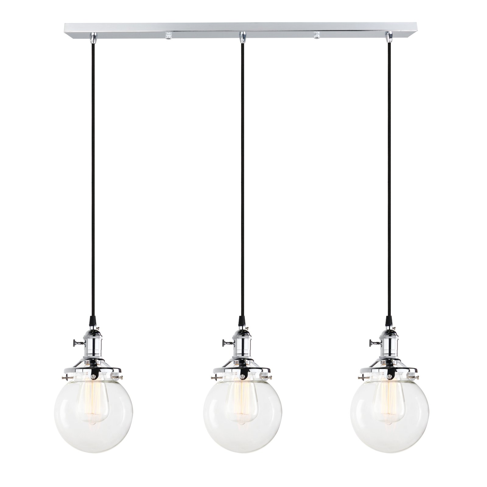 Pathson Chrome Industrial Vintage Modern Loft Bar Pendant Light Fittings Cluster Chandelier Edison Hanging Ceiling Lamp Light Fixture 3 Lights With Globe Glass Light Shade E27 (Chrome)
