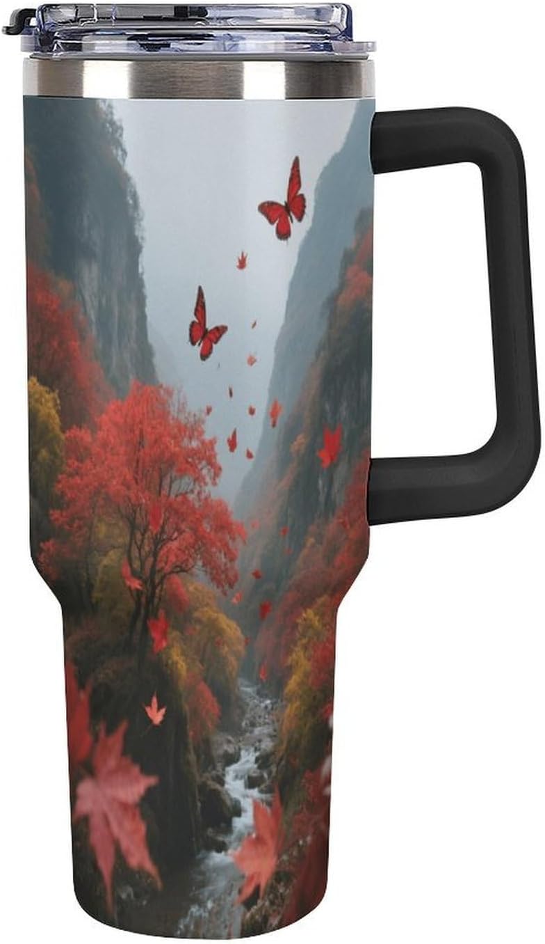 Travel Coffee Mug 40OZ Thermo Cups Thermos Cup Drink Cups Canyon Autumn Wind Red-leaf Forest Thermos with Cup with Handle Lid And Straw Suitable for Gifts Parties Offices Traveling