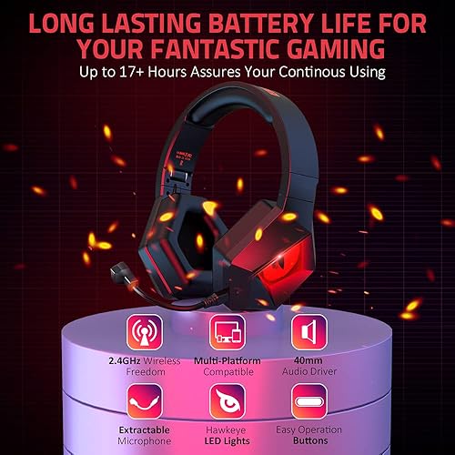 Miniatura 8 de BENGOO Auriculares inalámbricos para juegos 24G para PS5 PS4 PC con micrófono desmontable con cancelación de ruido luz LED roja orejeras de memoria