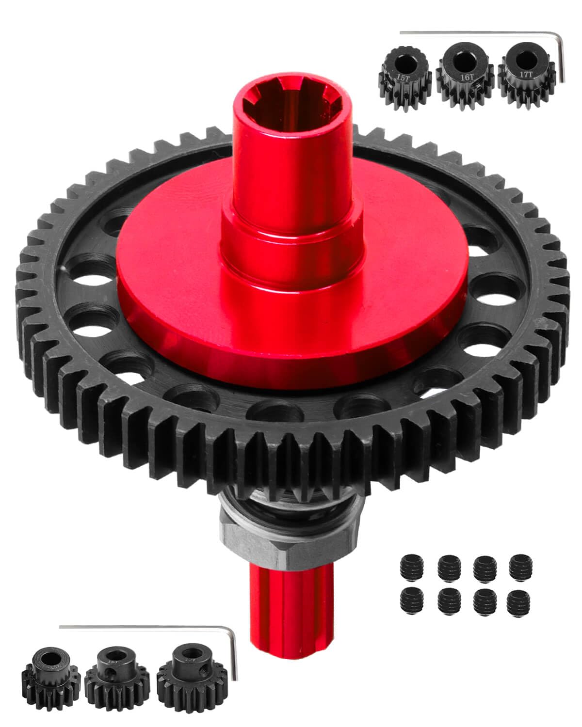7075 Metal Spur Gear Slipper Clutch 57T(0.8) with 3.17mm and 5mm Pinion Gear Sets (15T/16T/17T) Upgrades for 1/10 4x4 Granite/Senton/Big Rock/Vorteks 3s & 550,Kraton/Outcast 4S,1/8 Typhon 3s,Red
