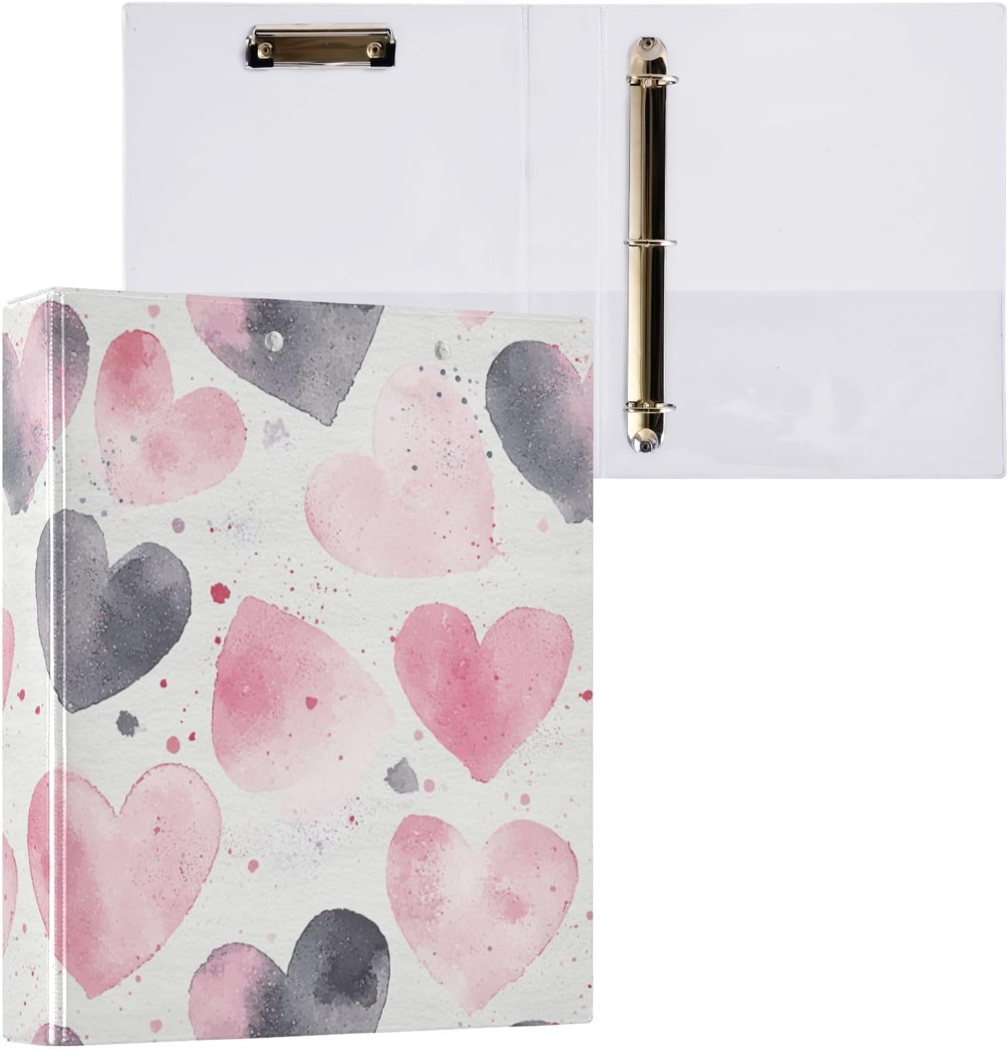 1.5 Inch Binders Three Ring Ink Splatter Hearts Watercolor Binder with Pockets 3 Hole Binder for School Office,2 Pack