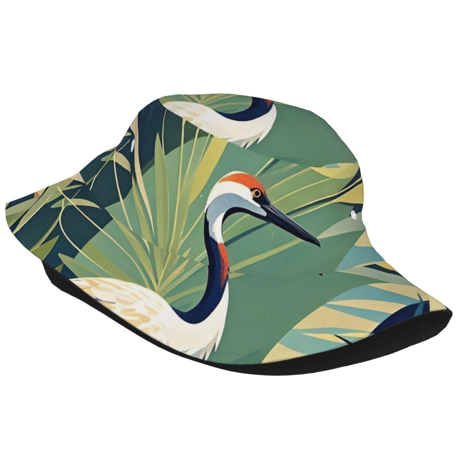 Unisex Cute Bucket Hat Summer Travel Fisherman Cap Crane Bird Wild Plants Beach Travel Sun Hat Outdoor Cap Black